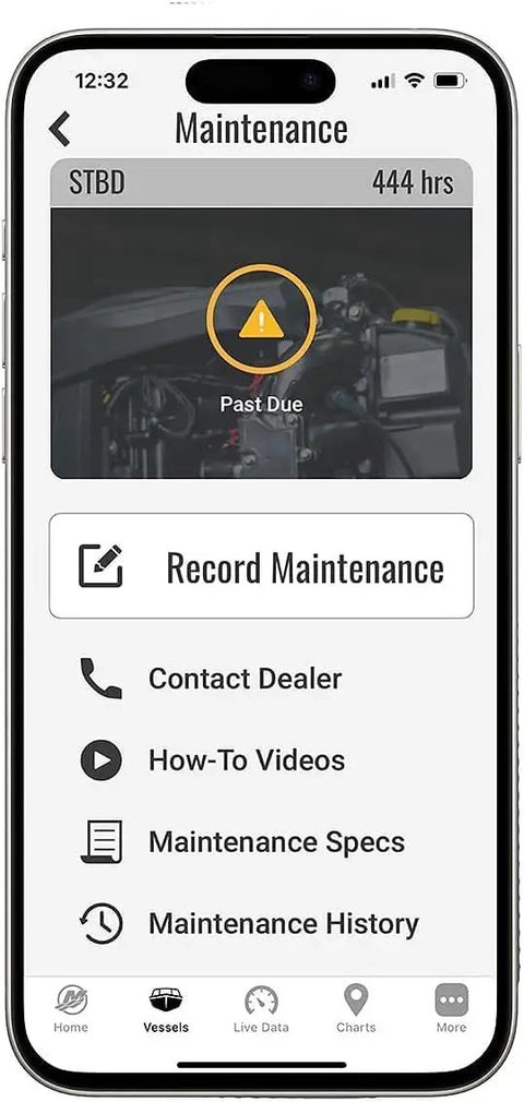 SmartCraft Connect Mobile Boat Engine System For Single Outboard With Under Cowl Mount Marine App displaying maintenance alert