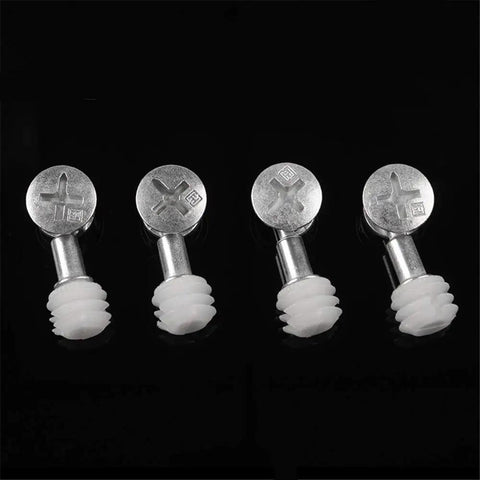 Rock Solid Three In One Furniture Connector Hardware Set With Eccentric Cam Nut And Steel Link Pin for quick cabinet build showing silver eccentric cam fasteners.