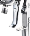 Close-up of Pro Grade Pneumatic Paint Spray Gun trigger mechanism with shiny chrome finish, part of Up Or Down Tank Models.