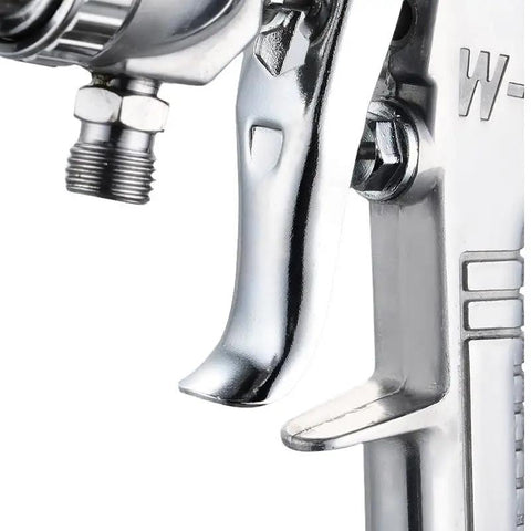 Close-up of Pro Grade Pneumatic Paint Spray Gun trigger mechanism with shiny chrome finish, part of Up Or Down Tank Models.
