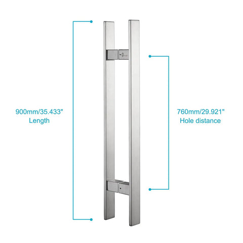 Heavy Duty Commercial Grade 36 Inch Solid Stainless Steel Push Pull Door Handle For Barn And Glass Doors With Full Brushed 304 Finish Solid Stainless Standoffs Deep Engagement Built Tough For Everyday Use, shown with dimensions 900mm length and 760mm spacing.
