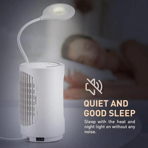 Compact Ceramic Space Heater 600W with LED light, 4 in 1 function, desk-friendly heater for home office, shown near bed for indoor use.