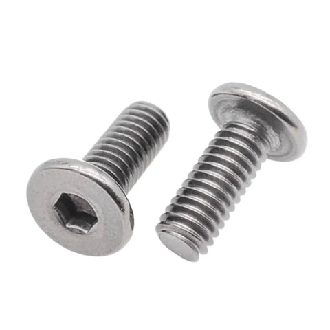 Top Shelf TA2 Pure Titanium Hex Socket Machine Screws With Low Profile Flat Heads For Hella Durable Auto Racing And Workshop Repairs Using M2.5 M3 M4 M5 Metric Thread Fasteners In Bulk Packs - close-up of two titanium screws.