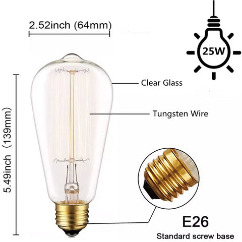 Vintage Style 25W Incandescent Clear Glass Bulbs For Home Lighting Amber Warm 2700K 110V 6 Pack with E26 base dimensions