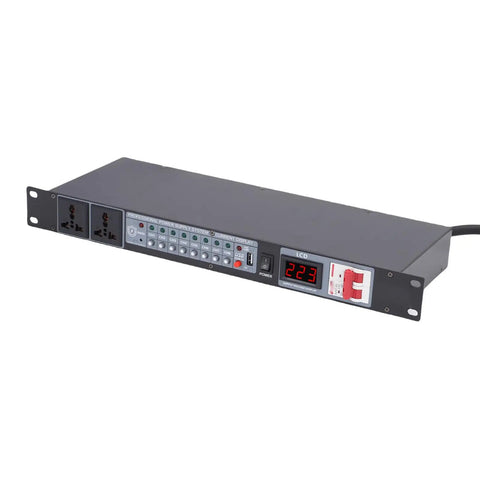 Keep Your Live Rig Bulletproof With This 10 Outlet Power Sequencer Surge Protector Featuring Digital Voltage Display And Hella Surge Defense For Smooth Amp Speaker Startup Shutdown On Stage Or In Studio US Plug, front view.