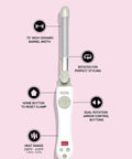 Slick Rotating Curling Iron With 0.75 Inch Ceramic Barrel Auto Rotation Dual Voltage Auto Shut Off Home Button Reset Travel Friendly Digital Temperature 290 To 410 Degrees Lightweight Ergonomic Handle displayed on pink background
