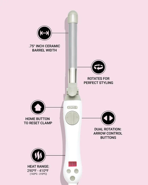Slick Rotating Curling Iron With 0.75 Inch Ceramic Barrel Auto Rotation Dual Voltage Auto Shut Off Home Button Reset Travel Friendly Digital Temperature 290 To 410 Degrees Lightweight Ergonomic Handle displayed on pink background