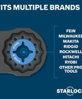 Close-up of Starlock Carbide Plunge Cut Blade 1-1/4 In 10-Pack For Oscillating Multi-Tools showing compatibility with multiple brands.