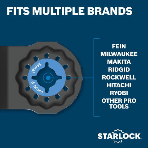 Close-up of Starlock Carbide Plunge Cut Blade 1-1/4 In 10-Pack For Oscillating Multi-Tools showing compatibility with multiple brands.