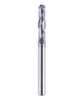 Front view of ball nose carbide end mill with 1/4 inch shank and 3 inch OAL, double-flute spiral milling tool