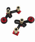 Precision Ball Bearing Roller Guide Wheel For Table Saw Fence Mount has black and red wheels with gold knobs for smooth wood feed.