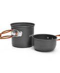 All In One Camping Gear Cookware Set With Mini Stove Pots Cup Fork Spoon Knife Canister Stand And Storage Bags Portable Mess Kit for outdoor adventures, featuring a large pot with foldable handles.