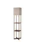 Stylish Antique Brass And Walnut Wood Veneer Shelf Floor Lamp With Textured Natural Fabric Shade, Two Storage Shelves, And Built In USB Ports