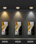 Different color temperatures of XYIANG 9-Pack Recessed Lighting Housing Trim Kits, showcasing 3000K, 4000K, and 6000K light.