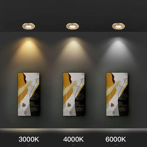 Different color temperatures of XYIANG 9-Pack Recessed Lighting Housing Trim Kits, showcasing 3000K, 4000K, and 6000K light.