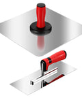 11 Inch Stainless Steel Drywall Finishing Trowel and 13 Inch Aluminum Hawk Board Holder Construction Set, ergonomic handles visible