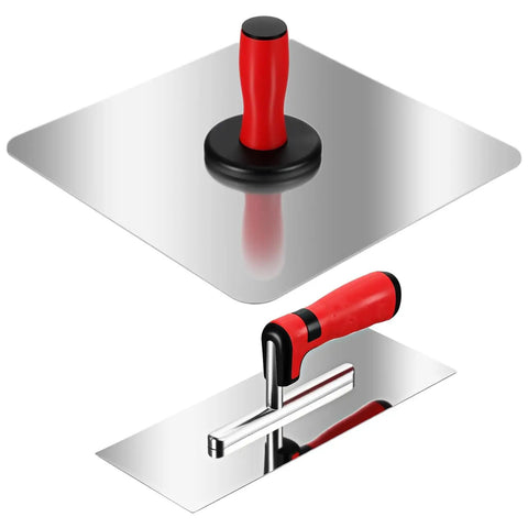 11 Inch Stainless Steel Drywall Finishing Trowel and 13 Inch Aluminum Hawk Board Holder Construction Set, ergonomic handles visible