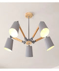 Slick Five Arm Adjustable Pendant Lights With Natural Wood And Brushed Metal Lampshades perfect for modern dining rooms, showcasing a grey shade design.