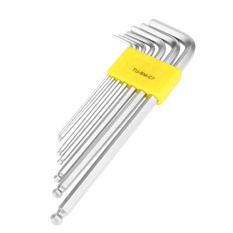 Top Notch 7 Pc Extended Hex Key L Wrench Set With Long Handles For Mechanics Pros And DIY Guys Featuring Ergonomic Grips In Sizes From.5mm To 6mm Made Of Durable Steel For Tough Jobs. 7-piece hex key set in yellow holder, steel, sizes 0.5mm to 6mm