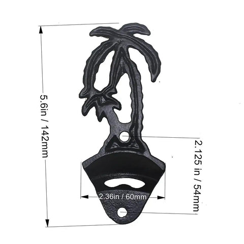 Wall Mounted Black Palm Tree Bottle Cap Opener Heavy Duty Cast Iron Garage Beer Bottle Opener With Boss Tropical Vibe.