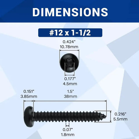 Dimensions of Heavy Duty 304 Stainless Steel Sheet Metal Screws With Slick Black Coating And Torx Driver Bit Included for no sweat rust protection.