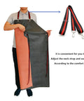 Person holding grey Thick Rubber Apron Workhorse For Dishwashing, Cleaning, Fishing, Lab Work, and More with adjustable straps.