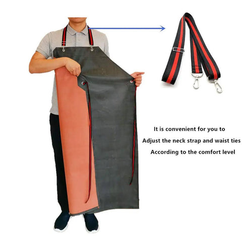 Person holding grey Thick Rubber Apron Workhorse For Dishwashing, Cleaning, Fishing, Lab Work, and More with adjustable straps.