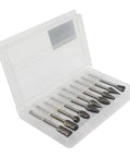 Front view: 10pc YUFUTOL double-cut carbide burr set with 3mm shanks in clear plastic case