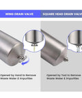 Comparison of wing and square head drain valves on Beefy Stainless Steel Whole House Water Filter Housing With Dual Three Quarters Inch NPT Ports 20 Inch By Two And A Half Inch Sediment Filter System For Heavy Duty Well And City Water Drain Valve Square Head.
