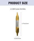 Front view: 2.5 mm center drill bit, HSS TiN coated, gold-silver finish, 1.77 in long