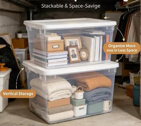 Clear Plastic Storage Containers With Snap Lids 58 Quart Medium Organization Bins for bedding and books in stacked setup.