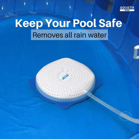 Aquatix Pro Pool Cover Drainer Kit with 16 ft hose for above ground pools, showing siphon system preventing water buildup