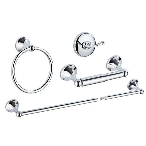 Chrome 4 Piece Bathroom Accessory Set with Adjustable Towel Bar, Spring Loaded Toilet Paper Holder, Wall Mounted Towel Ring and Double Robe Hook - Heavy Duty Zinc Alloy Hardware Must Have for Any Modern Bath.