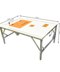 Built Tough Foldable Woodworking Workbench With Thick Plywood Surface And Rust Proof Steel Frame Compact Saw Station showing dimensions of 120cm by 80cm.