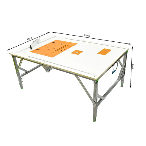 Built Tough Foldable Woodworking Workbench With Thick Plywood Surface And Rust Proof Steel Frame Compact Saw Station showing dimensions of 120cm by 80cm.