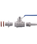 Stainless steel 1/2 in ball valve with blue lever for weldless bulkhead; includes nuts, red O-rings, and barb hose adapter.