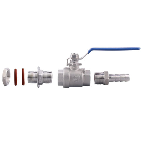 Stainless steel 1/2 in ball valve with blue lever for weldless bulkhead; includes nuts, red O-rings, and barb hose adapter.