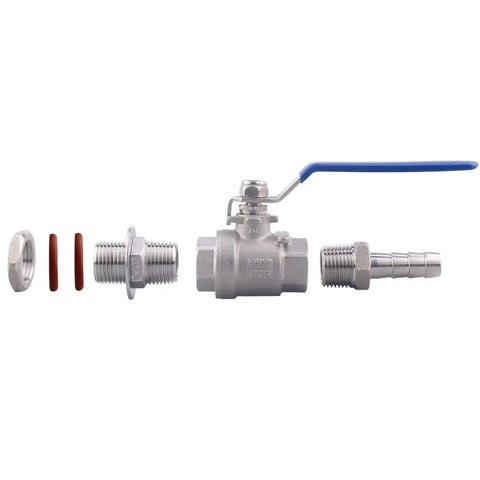 Exploded view of Two Pack Half Inch Weldless Stainless Steel Ball Valve Bulkhead For Home Brew Kettle 304 Stainless One Half NPT To One Half Inch Hose Barb