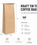 Pack Of 250 Brown Paper Tin Tie Coffee Bags With Reclosable Seal Stand Up Pouches For Coffee Cookies Bakery Packaging And Food Storage Sixteen Inch By Six And One Half Inch By Four Inch showing dimensions and features