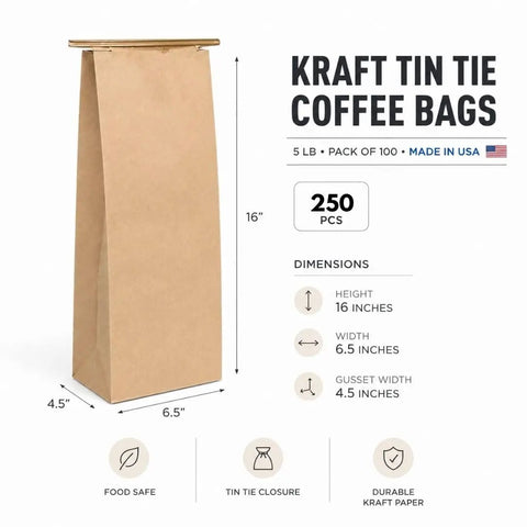 Pack Of 250 Brown Paper Tin Tie Coffee Bags With Reclosable Seal Stand Up Pouches For Coffee Cookies Bakery Packaging And Food Storage Sixteen Inch By Six And One Half Inch By Four Inch showing dimensions and features