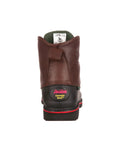 Rear view of MudDog Waterproof Steel Toe Work Boot For Men Dark Chocolate Size 10 M showing brown leather back and branding detail