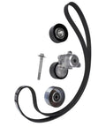 Top Tier Drive Belt Tensioner Pulley Kit 11955Ja10a Replaces Your Old One For Quick Fix And Smooth Run On Any Car Or Truck That Needs A Solid Replacement Part Fast. drive belt kit with pulleys, tensioner, belt, and bolt on white background