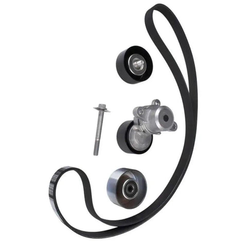 Top Tier Drive Belt Tensioner Pulley Kit 11955Ja10a Replaces Your Old One For Quick Fix And Smooth Run On Any Car Or Truck That Needs A Solid Replacement Part Fast. drive belt kit with pulleys, tensioner, belt, and bolt on white background