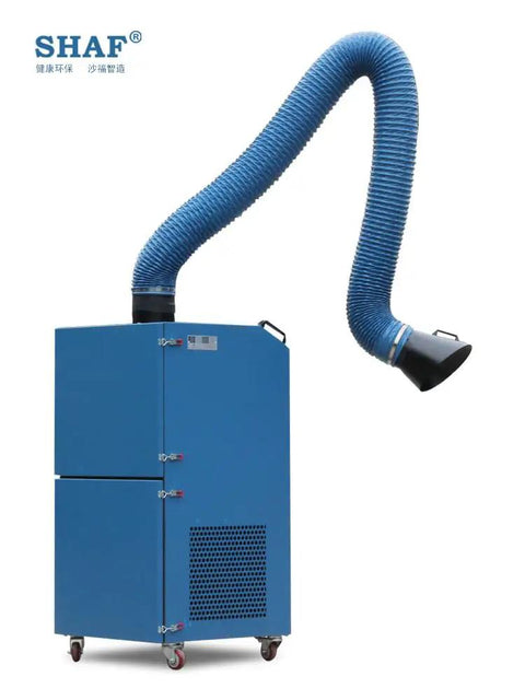 Premium Heavy Duty Welding Fume Extractor With Silent Pure Copper Motor And Flexible Stainless Steel Suction Arm in blue color with flexible hose.