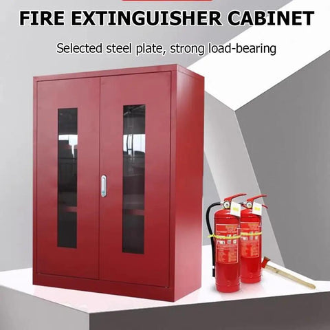 Built Tough As Nails Steel Fire Extinguisher Cabinet Floor Stand Lockable Safety Enclosure With Clear Glass Door Sweet Red Finish.