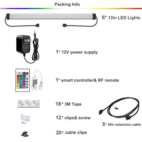 Package contents for Dimmable WiFi RGB Under Cabinet LED Lighting Kit 12 Inch Linkable Under Counter Lights with Remote Control