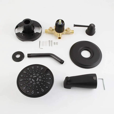 Components of Matte Black Shower Faucet Set With Tub Spout And 6-Spray Touch-Clean Dope Shower Head, Tub And Shower Trim Kit