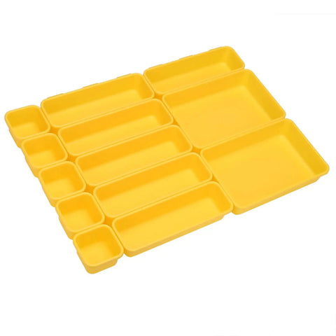 42 Pack Tool Box Organizer Tray Dividers fit rolling tool cart and workbench drawers, yellow plastic dividers layout for storage.