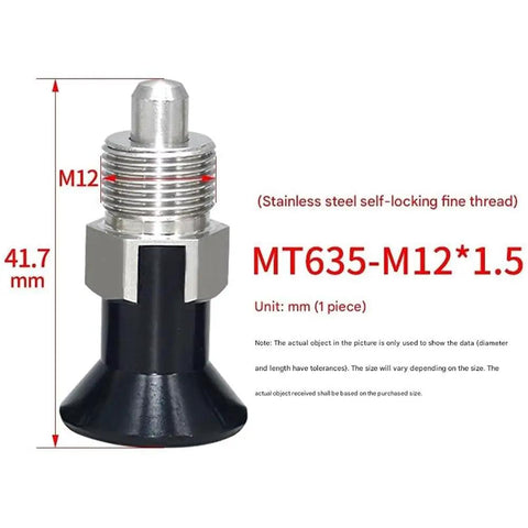 Beefed Up Stainless Steel Mini Indexing Plunger With Easy Turn Adjustment Knobs For Bullseye Accuracy Inside Tight Mechanical Jigs And Shop Workbenches MT635 close-up showing dimensions and threading details.