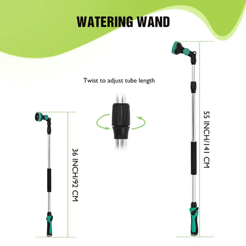 Adjustable Watering Wand For Garden Hose 36 To 54 Inches With 10 Spray Patterns And Pivoting Head Thumb Flow Control Nozzle shown